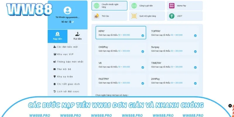 Tổng hợp 6 thao tác gửi tiền vào WW88 nhanh